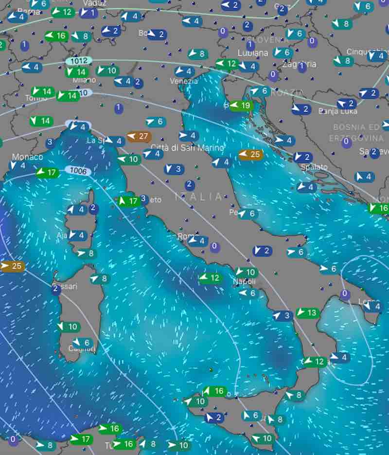 Mappa venti e mari - oggi lunedi 15 luglio 2019 - meteoweek.com