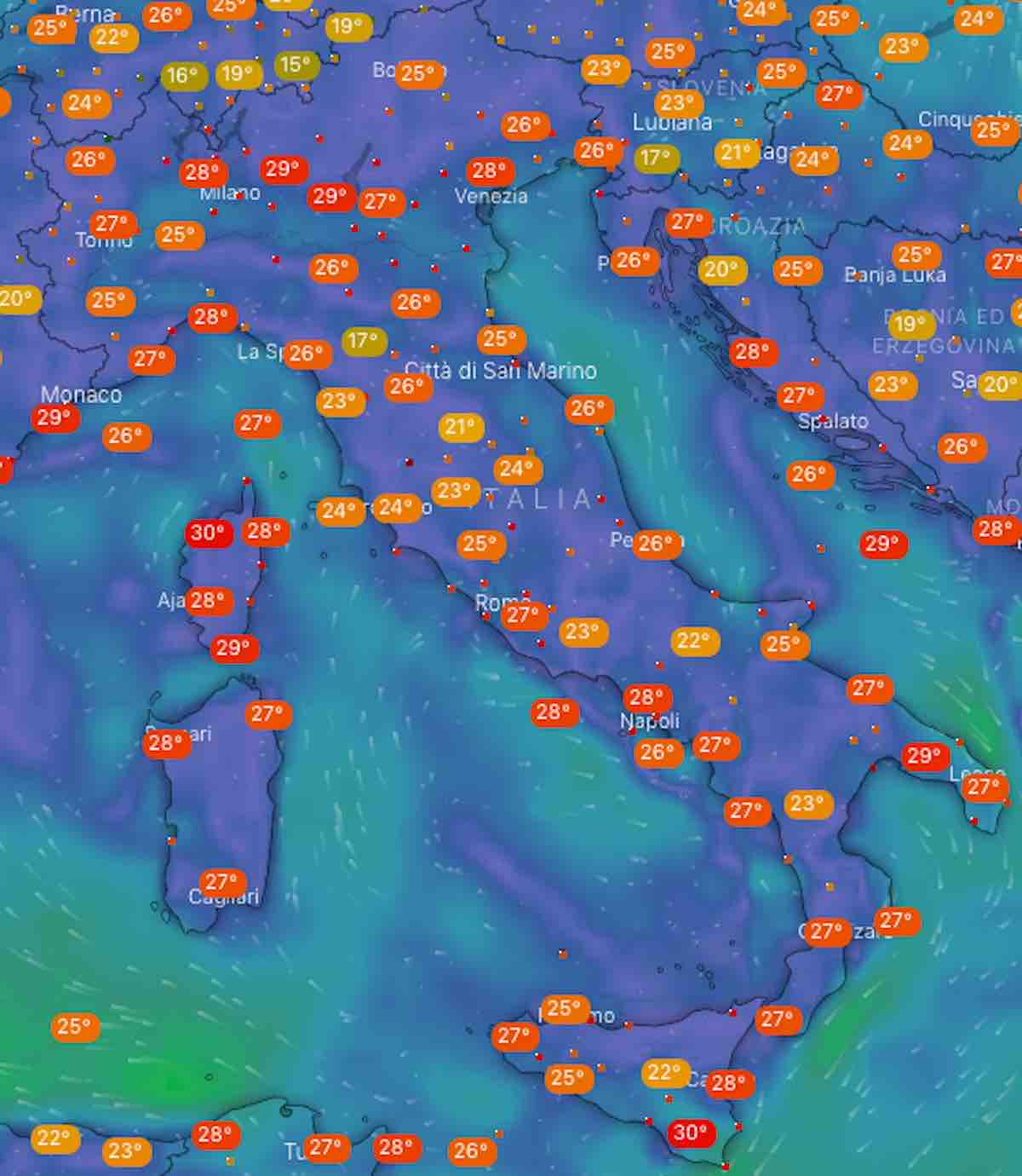 Meteo Italia temperature e mari oggi lunedì 1 luglio 2019 ore 6 - meteoweek.com