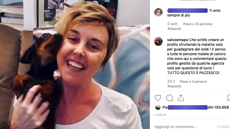 Nadia Toffa nella foto su instagram ed i commenta della foto