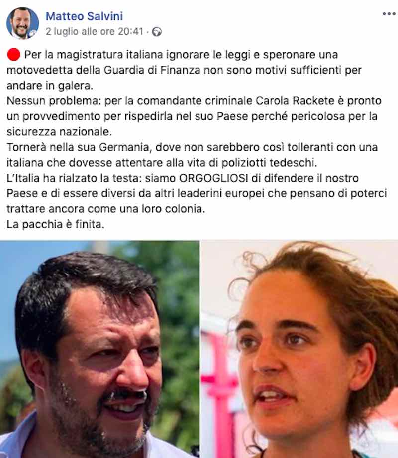 Post di Matteo Salvini 2 luglio fb - meteoweek.com