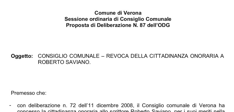 Saviano via la cittadinanza onoraria da Verona è anti-Salvini - meteoweek.com