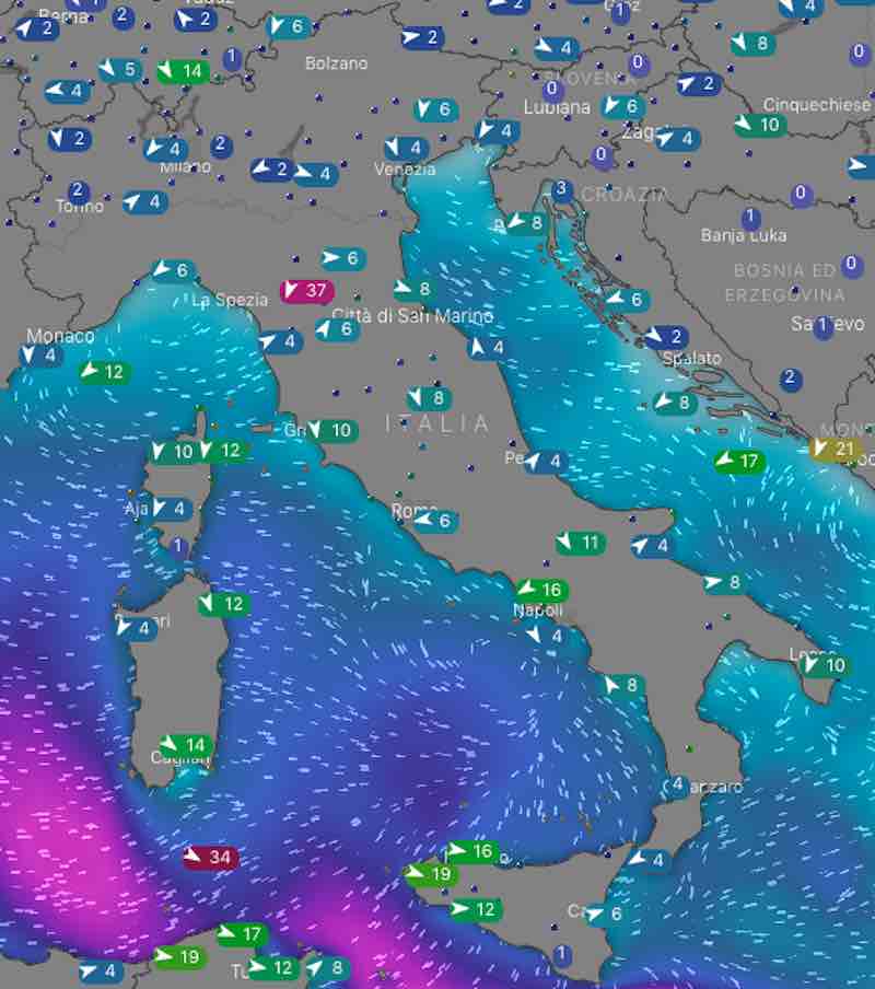 mappa dei venti e dei mari - Meteo oggi previsioni del tempo di martedì 16 luglio 2019 in Italia - meteoweek.com