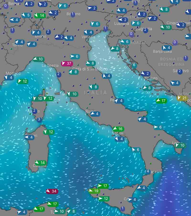 mappa dei venti e mari mercoledì - Previsioni meteo oggi e domani martedì 16 e mercoledì 17 luglio in Italia - meteoweek.com