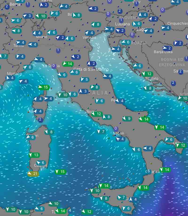 mappa delle ore 14 mari e venti - Previsione del tempo domani e dopodomani mercoledì 17 e giovedì 18 luglio - meteoweek.com