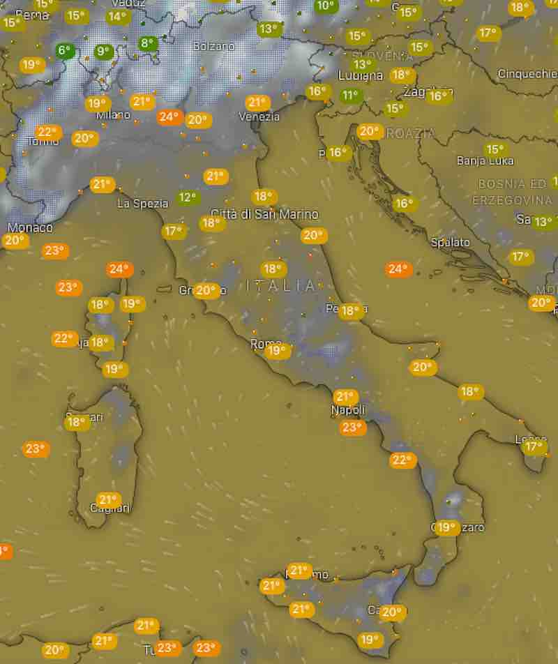 mappa emperature - Meteo oggi previsioni del tempo di sabato 20 luglio- nuvolosità, temperature mare e venti in Italia - meteoweek.com