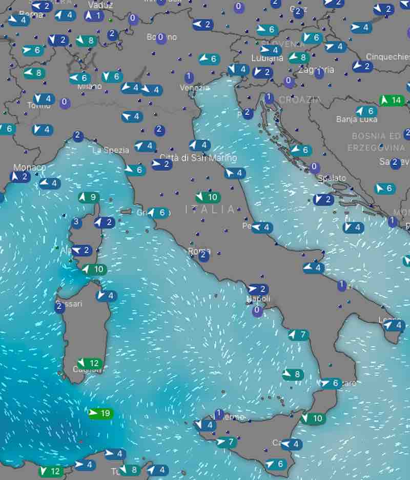 mappa mari e venti - Previsioni del tempo sabato 20 luglio in Italia- nuvolosità, temperature, venti e mari - meteoweek.com