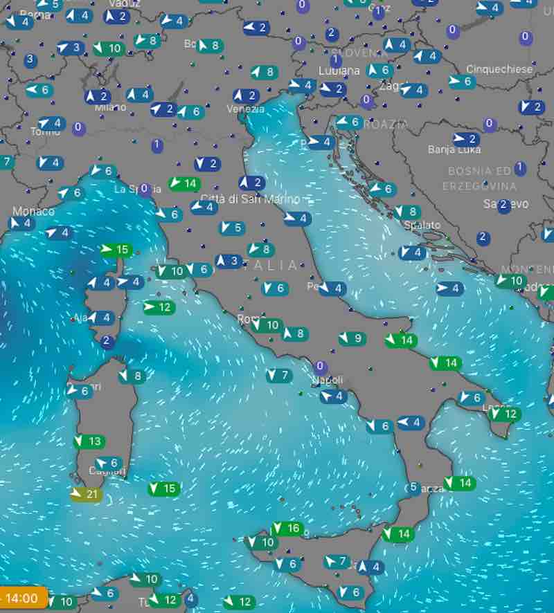 mappa mari e venti delle ore 14 giovedì - Previsione del tempo domani e dopodomani mercoledì 17 e giovedì 18 luglio - meteoweek.com