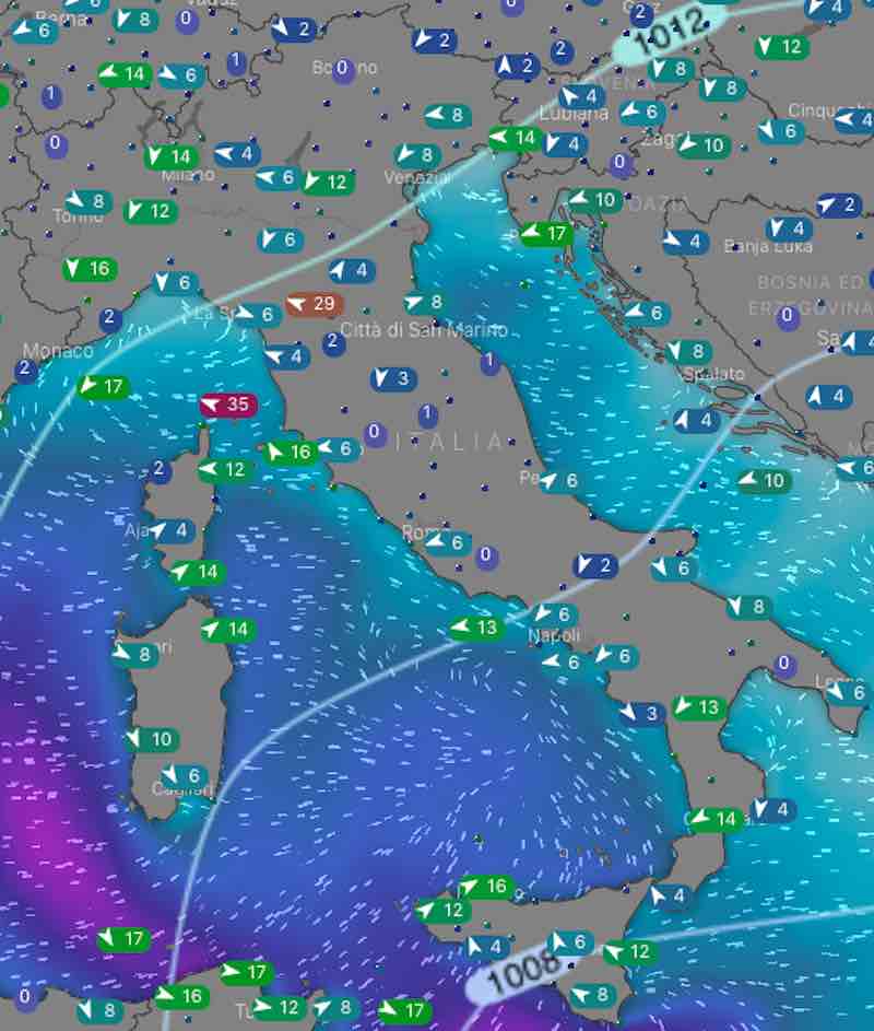 mappa mari e venti - domani martedì 16 luglio - meteoweek.com