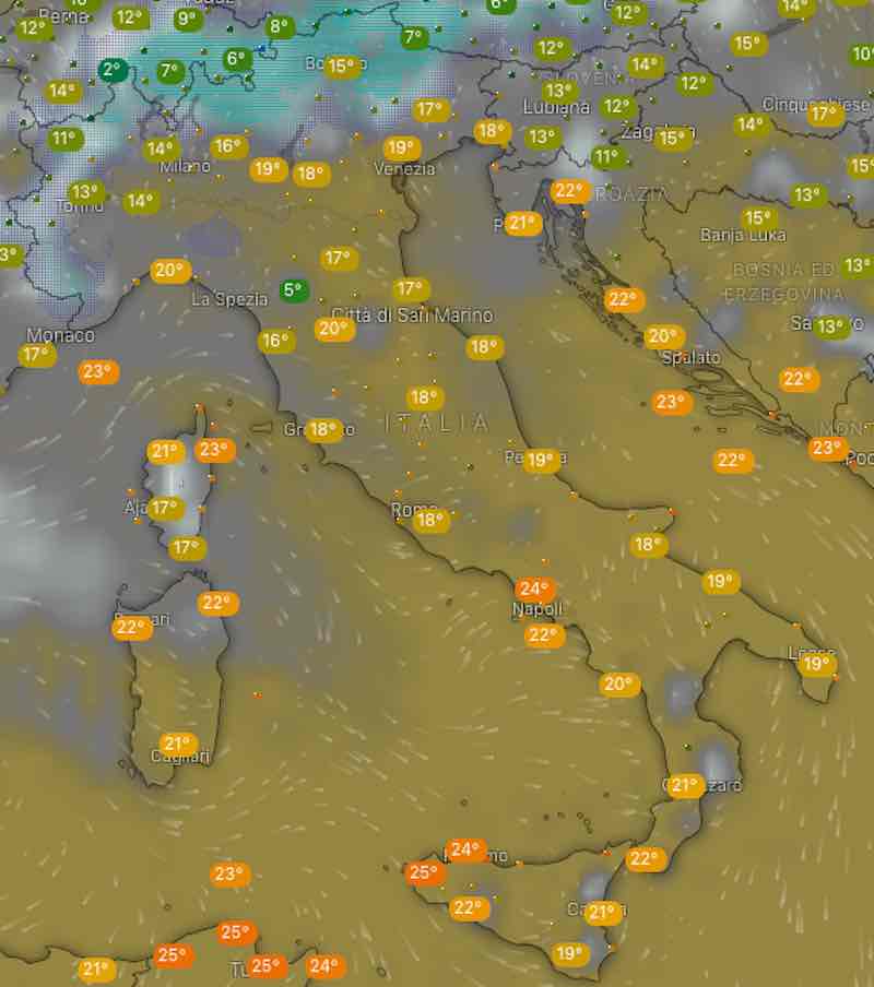 mappa nuvolosità e temperature - Meteo domani previsioni del tempo di mercoledì 17 luglio 2019 in Italia - meteoweek.com