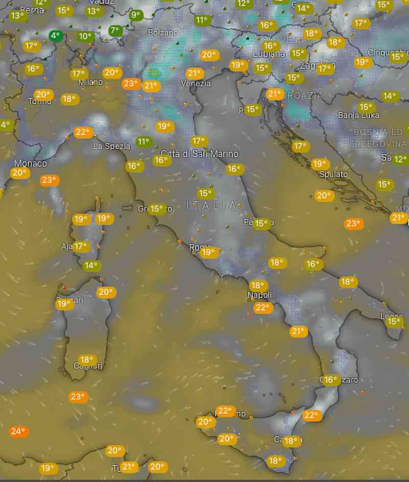 mappa nuvolosità e temperature - Meteo oggi previsioni del tempo di giovedì 18 luglio 2019 in Italia - meteoweek.com