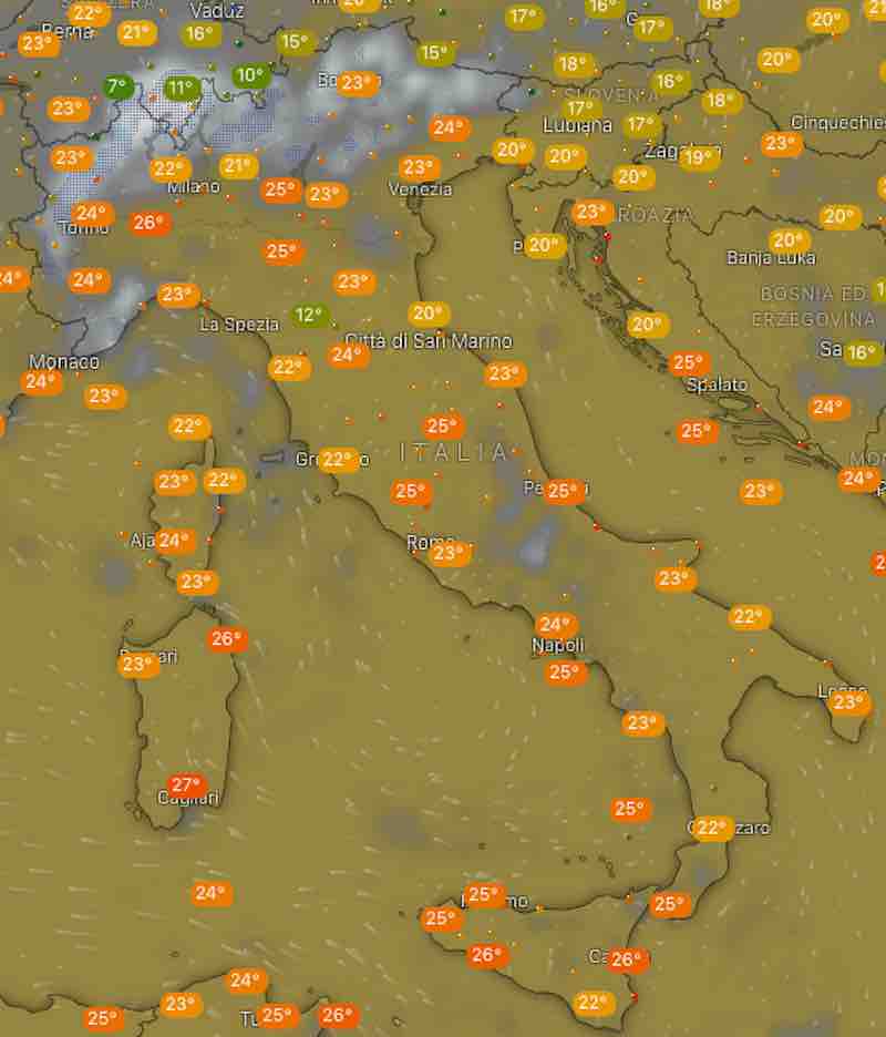 mappa temperatura - Previsioni del tempo sabato 20 luglio in Italia- nuvolosità, temperature, venti e mari - meteoweek.com