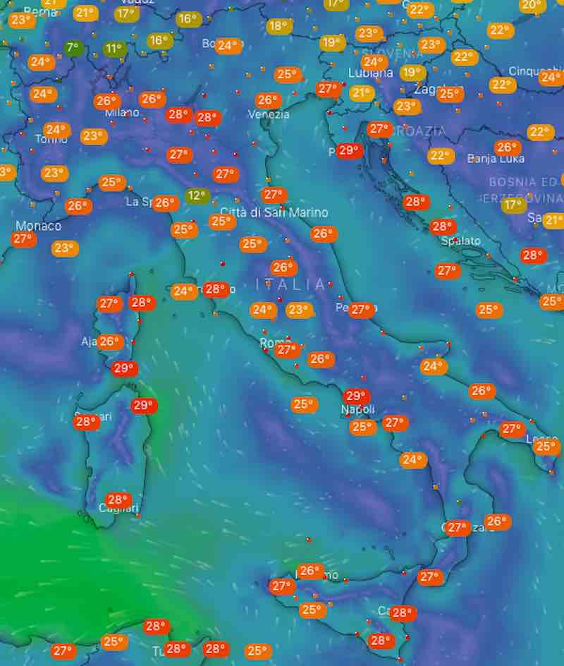 mappa temperature - Previsioni del tempo sabato 20 luglio in Italia- nuvolosità, temperature, venti e mari - meteoweek.com