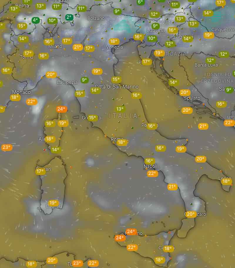 mappa temperature - Previsioni meteo domani giovedì 18 luglio- nuvolosità, temperature, venti e mari in Italia - meteoweek.com
