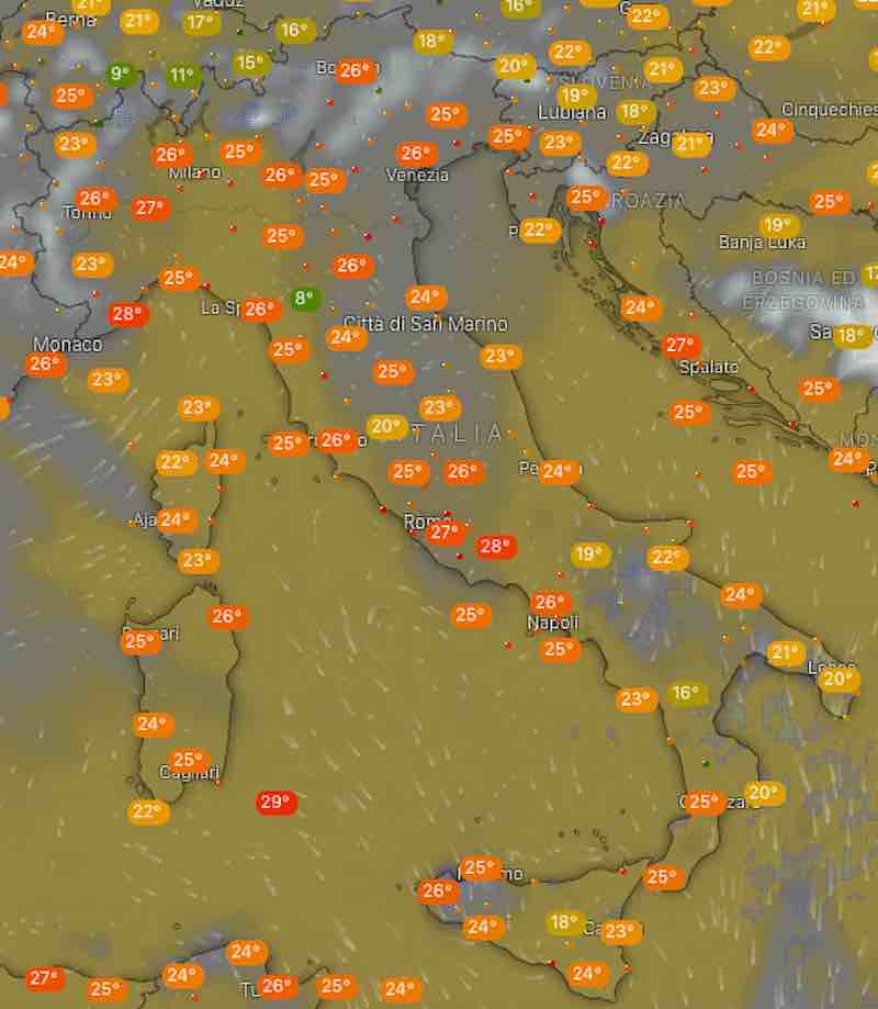 mappa temperature e nuvolosità delle ore 14 - Previsione del tempo domani e dopodomani mercoledì 17 e giovedì 18 luglio - meteoweek.com