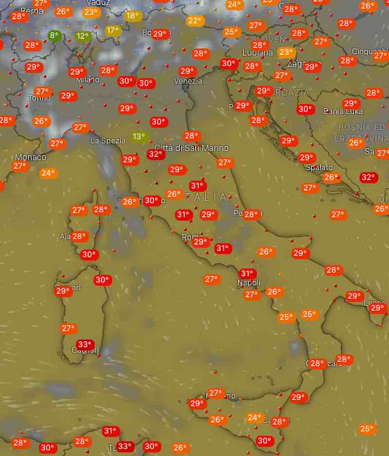 mappa temperature ore 12 - Previsioni meteo dopodomani domenica 21 luglio 2019 in Italia - meteoweek.com