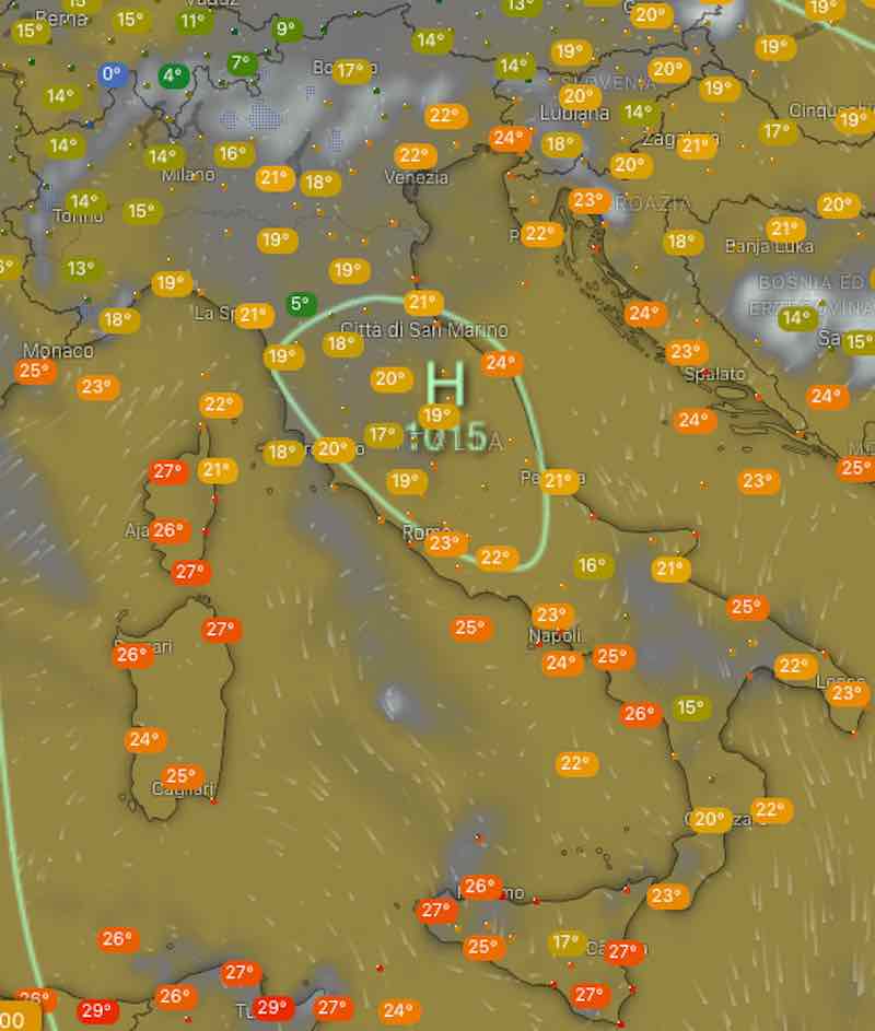 mappa temperature ore 12 dopodomani In Italia mercoledì 17 - meteoweek.com