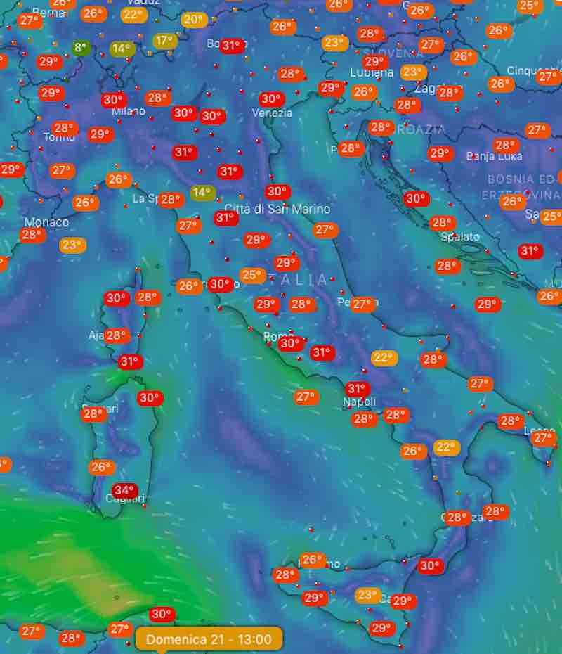 mappa temperature ore 14 - Previsioni del tempo Domenica 21 luglio in Italia- nuvolosità, temperature, venti e mari - meteoweek.com