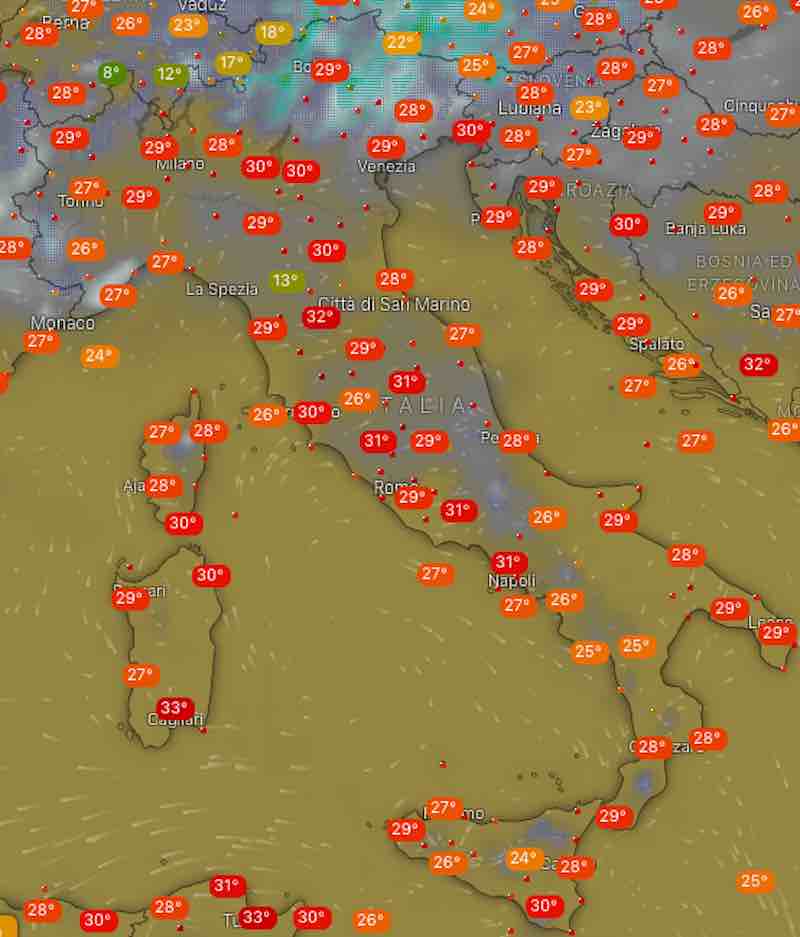 mappa temperature ore 19 - Previsioni meteo dopodomani domenica 21 luglio 2019 in Italia - meteoweek.com