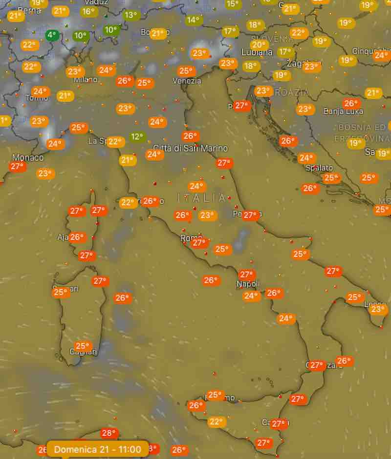 mappa temperature - previsioni meteo Domenica 21 luglio 2019 - meteoweek.com