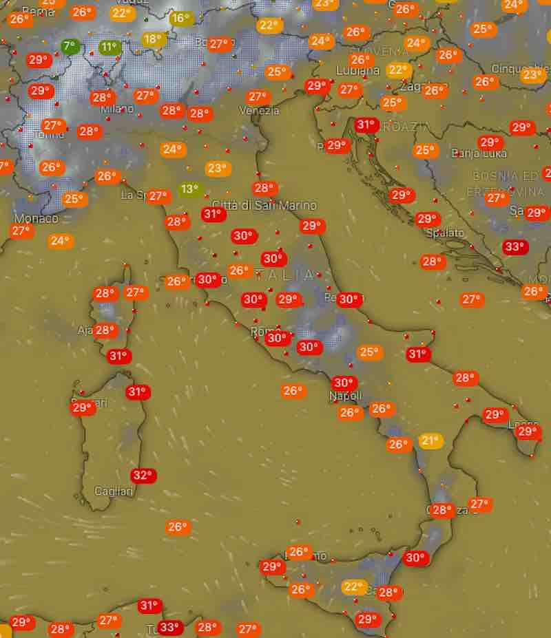 mappa temperature sabato 20 luglio - Previsioni Meteo di domani venerdì 19 luglio e dopodomani sabato 20 luglio in Italia - meteoweek.com