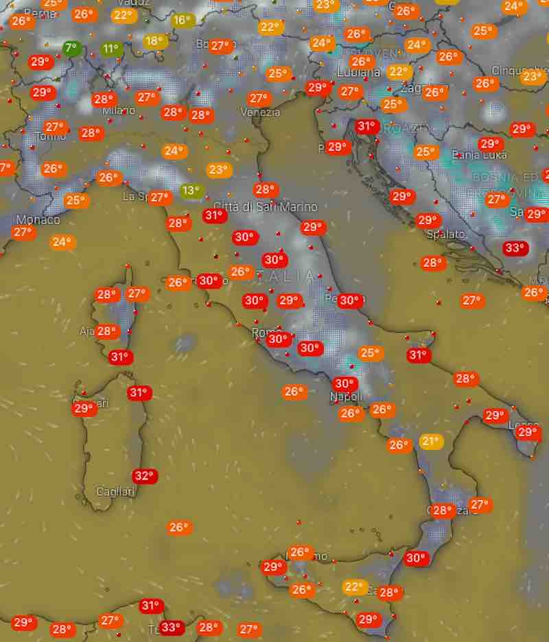 mappa temperature venerdì 19 luglio - Previsioni Meteo di domani venerdì 19 luglio e dopodomani sabato 20 luglio in Italia - meteoweek.com
