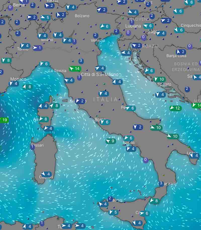 mappa venti e mari - Previsioni meteo domani giovedì 18 luglio- nuvolosità, temperature, venti e mari in Italia - meteoweek.com
