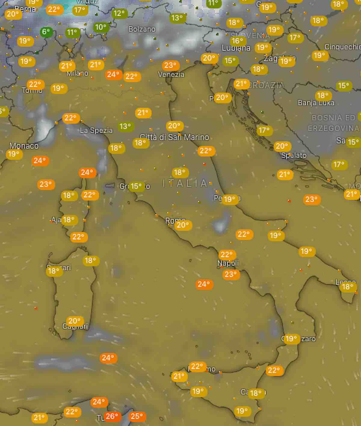 mappe temperature - Previsioni Meteo oggi domenica 21 luglio 2019 in Italia, tempo, temperature mari  e venti - meteoweek.com