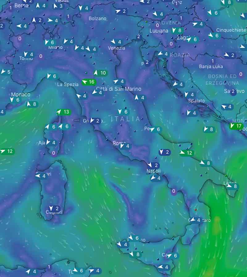 mappe venti - Previsioni meteo oggi mercoledì 17 luglio- nuvolosità, temperature, venti e mari in Italia - meteoweek.com