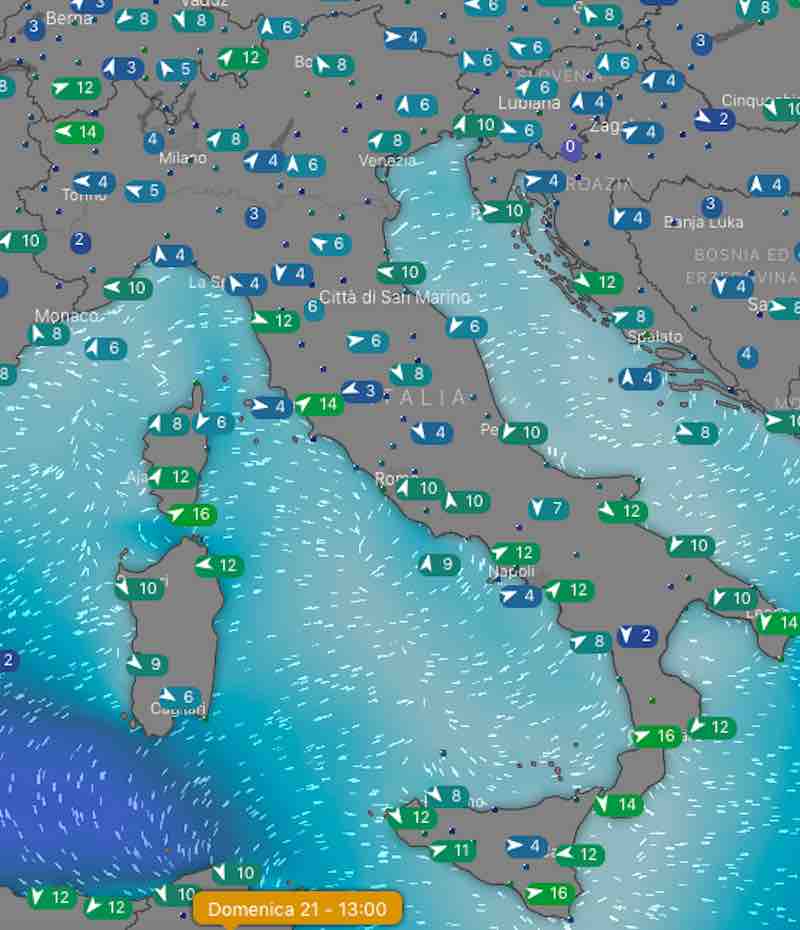 pianta venti e mari ore 14 - Previsioni del tempo Domenica 21 luglio in Italia- nuvolosità, temperature, venti e mari - meteoweek.com