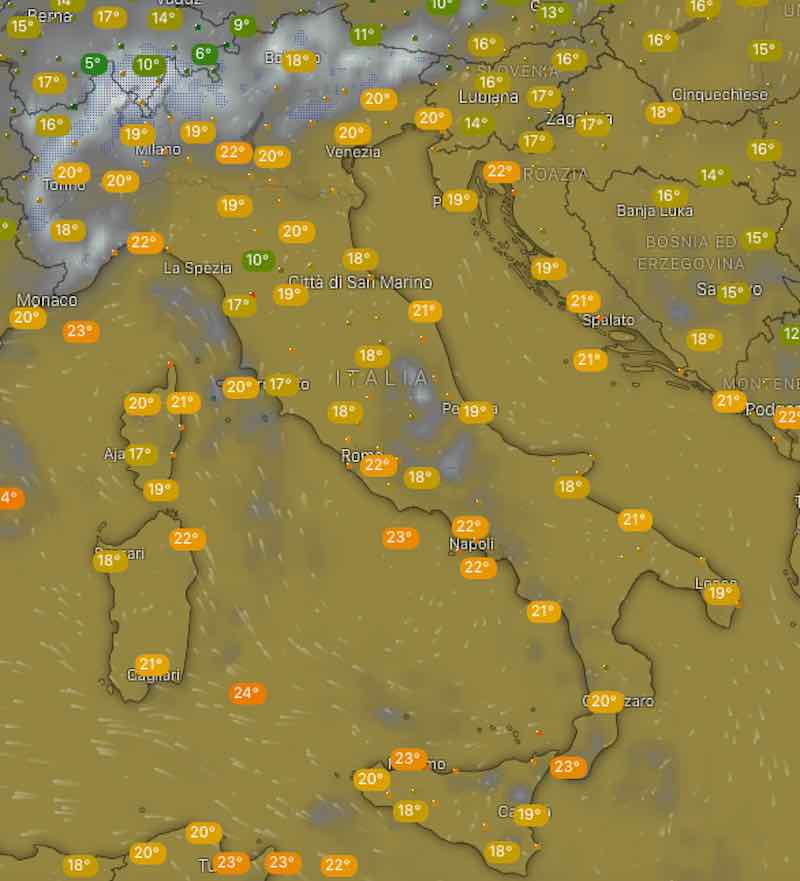temperature - mappa venti e mari - Meteo domani previsioni del tempo di sabato 20 luglio 2019 in Italia - meteoweek.com