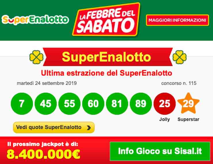 Superenalotto estrazione lotto oggi sabato 28 settembre verifica schedina