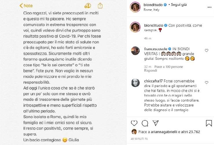 Giulia Latini positiva al Coronavirus