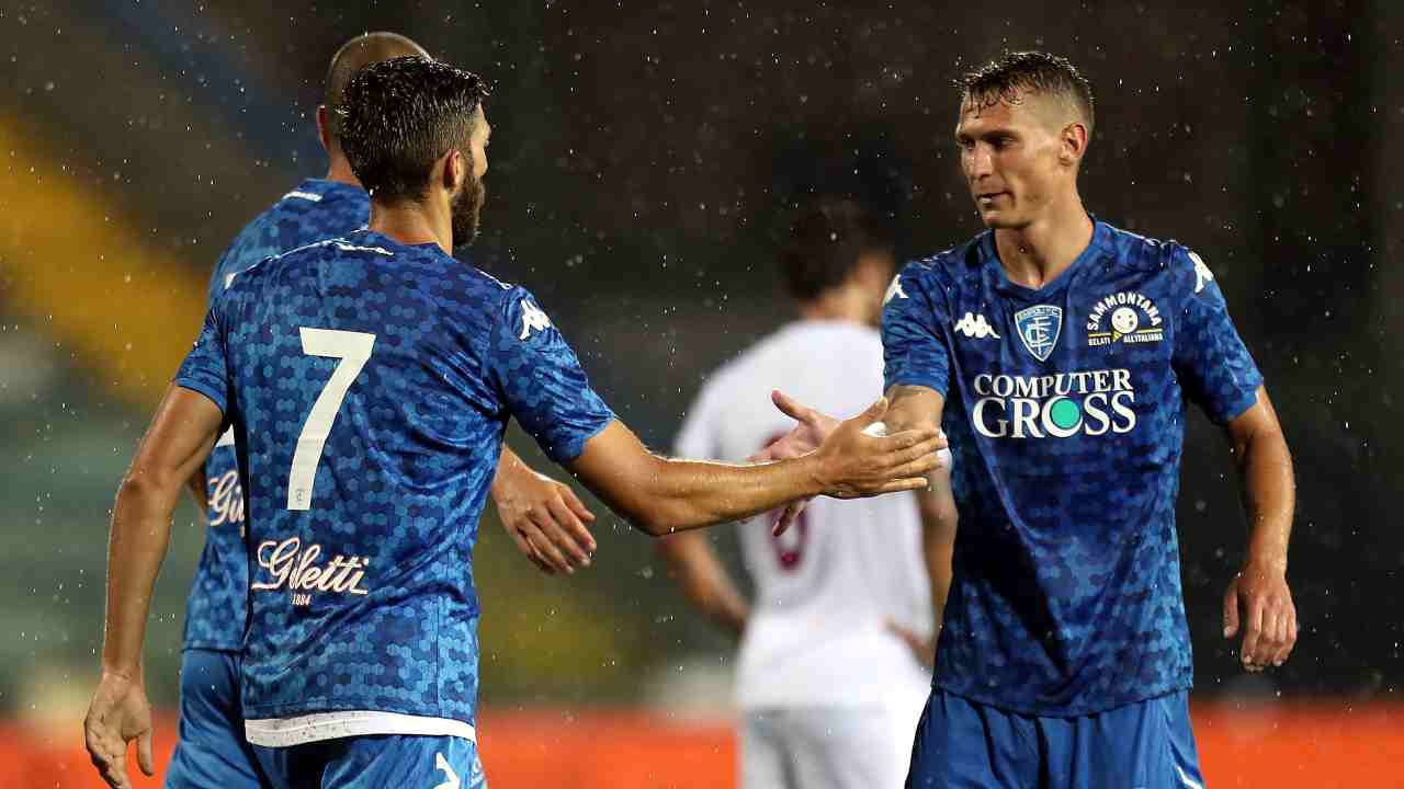 Empoli, Leonardo Mancuso e Leo Stulac in campo per l'amichevole con il Pontedera, 27 luglio 2019 (foto di Gabriele Maltinti/Getty Images)