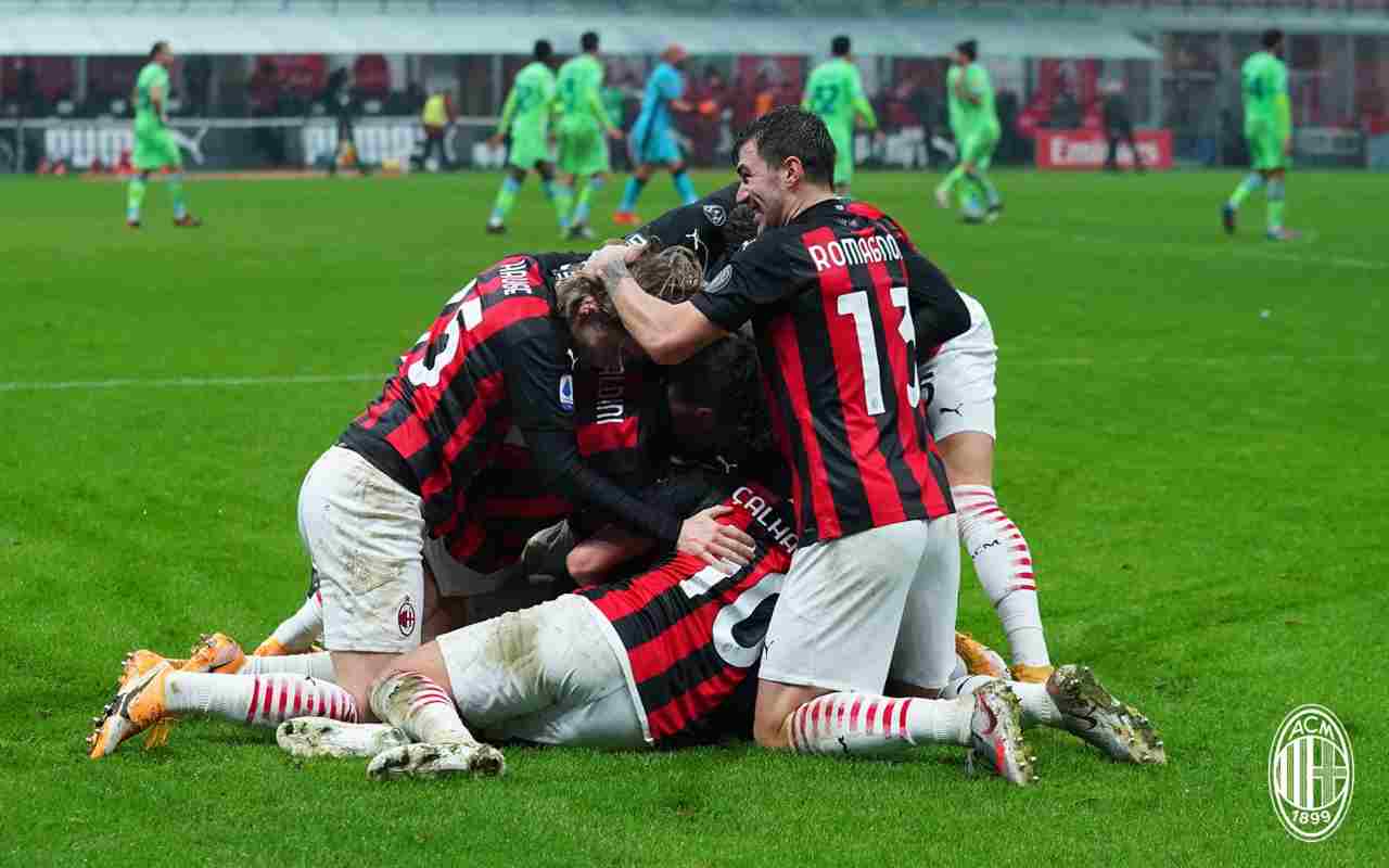 I calciatori rossoneri festeggiano la vittoria contro la Lazio
