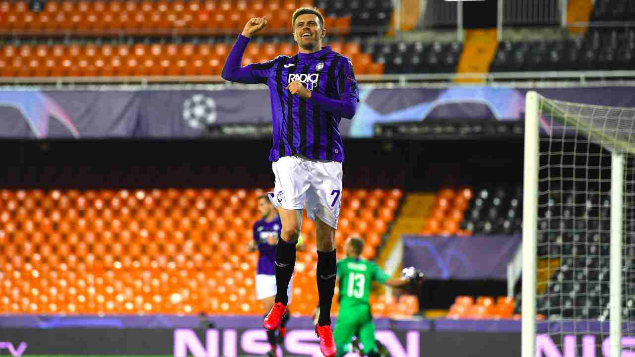 Atalanta, Josip Ilicic celebra il suo gol contro il Valencia in Champions League, 10 marzo 2020 (foto © UEFA - Handout via Getty Images)
