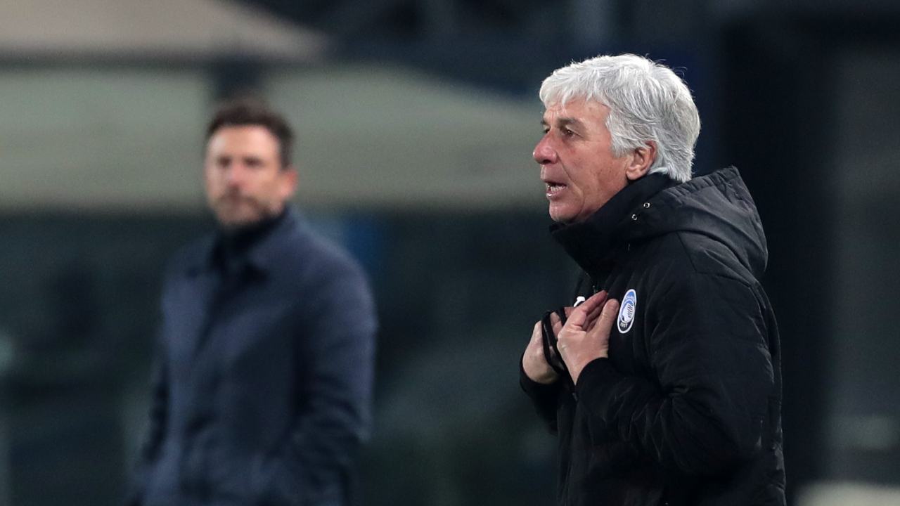 Da destra: il tecnico dell'Atalanta Gian Piero Gasperini ed il tecnico del Cagliari Eusebio Di Francesco durante la partita di Coppa Italia del 14 gennaio 2021 (foto di Emilio Andreoli/Getty Images)