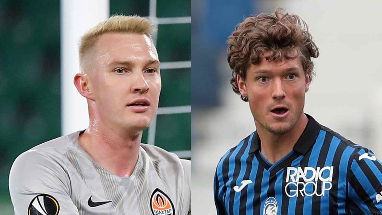 Da sinistra: Viktor Kovalenko dello Shakhtar Donetsk in campo contro il VfL Wolfsburg, 12 marzo 2020 (foto di Handout/VfL Wolfsburg via Getty Images) e Sam Lammers dell'Atlanta che gioca contro il Cagliari, 4 ottobre 2020 (foto di Emilio Andreoli/Getty Images)