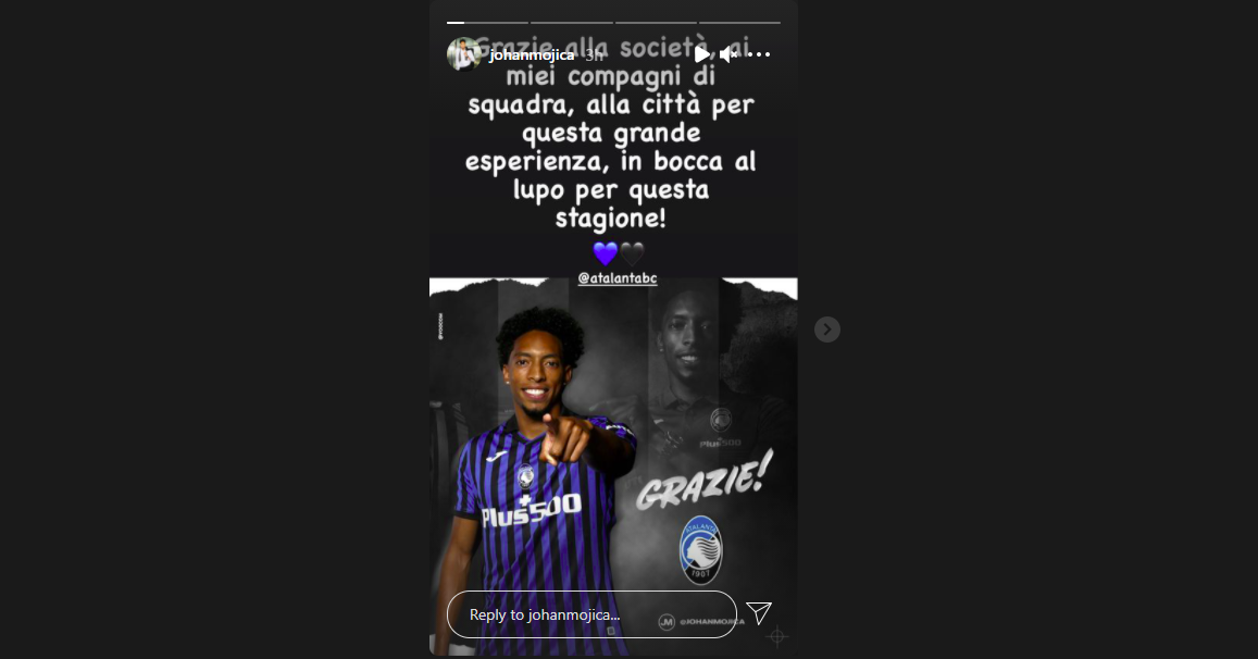 Atalanta, il centrocampista Johan Mojica (Storia Instagram @johanmojica)