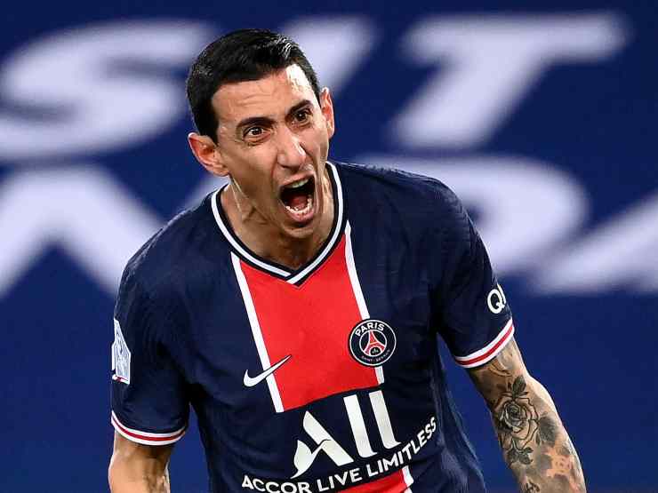 Paris Saint Germain, l'attaccante Angel Di Maria festeggia il suo gol nella partita di Ligue 1 contro il Nimes Olympique, 3 febbraio 2021 (foto di Franck Fife/AFP via Getty Images)