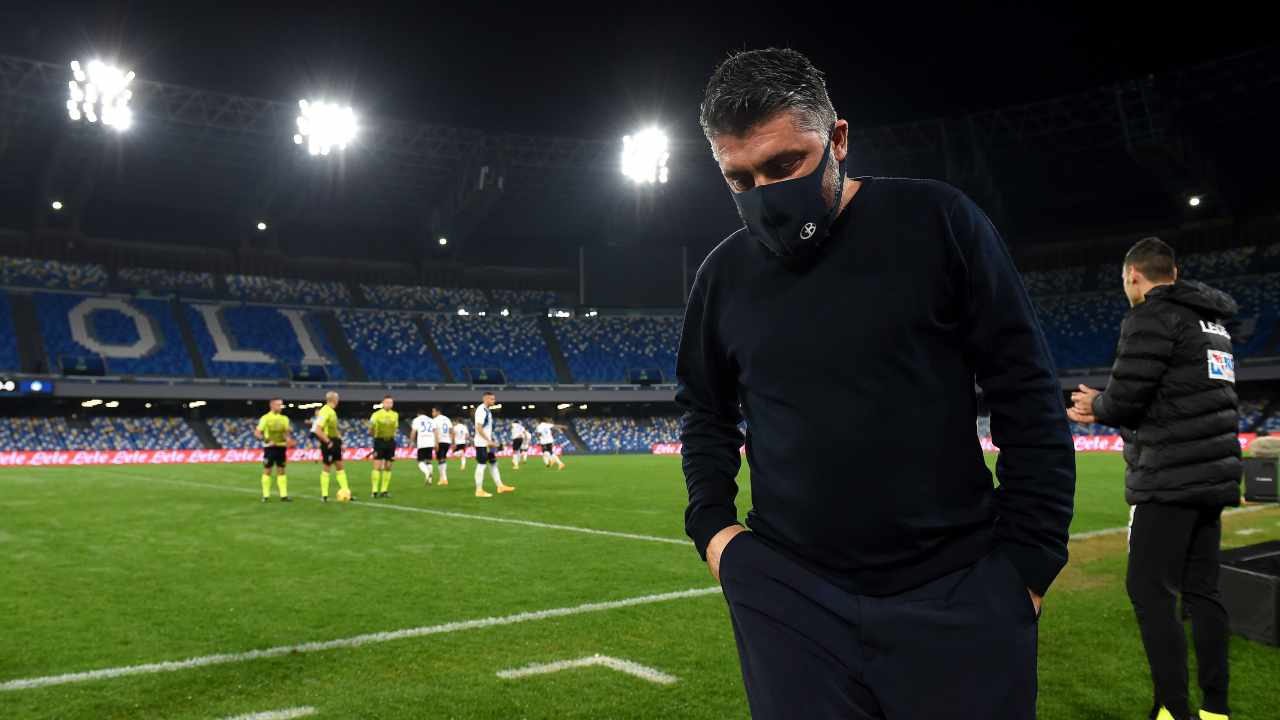 Napoli, l'allenatore Gennaro Gattuso durante la partita di andata della semi-finale di Coppa Italia del 3 febbraio 2021 (foto di Francesco Pecoraro/Getty Images) 