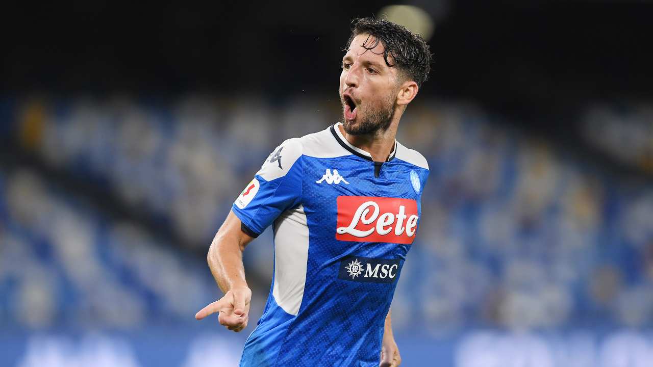 Napoli, l'attaccante Dries Mertens dopo aver segnato il gol del 1-1 con l'Inter in Coppa Italia, 13 giugno 2020 (foto di Francesco Pecoraro/Getty Images)