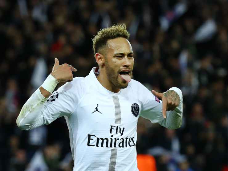 Paris Saint Germain, l'attaccante Neymar festeggia il secondo gol della squadra contro il Liverpool, 28 ottobre 2018 (foto di Clive Rose/Getty Images)