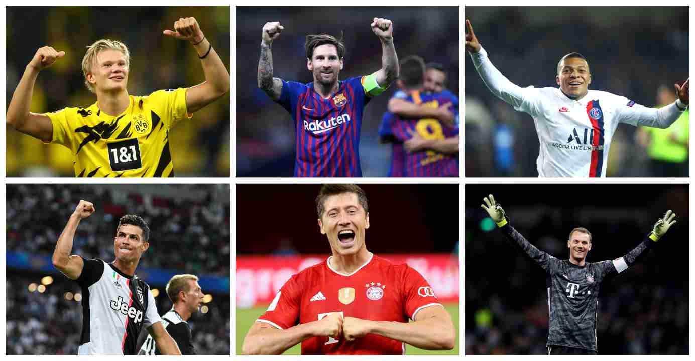 Alcuni dei candidati al Pallone D'Oro 2020. Da sinistra in senso orario: Erling Haaland, Leo Messi, Kylian Mbappé, Cristiano Ronaldo, Robert Lewandowski, Manuel Neuer (Foto da Getty Images. Crediti fotografici | Haaland: Dean Mouhtaropoulos; Messi: Laurence Griffiths; Mbappé: Dean Mouhtaropoulos; Ronaldo: Thananuwat Srirasant; Lewandowski: Alexander Hassenstein; Neuer: Catherine Ivill)