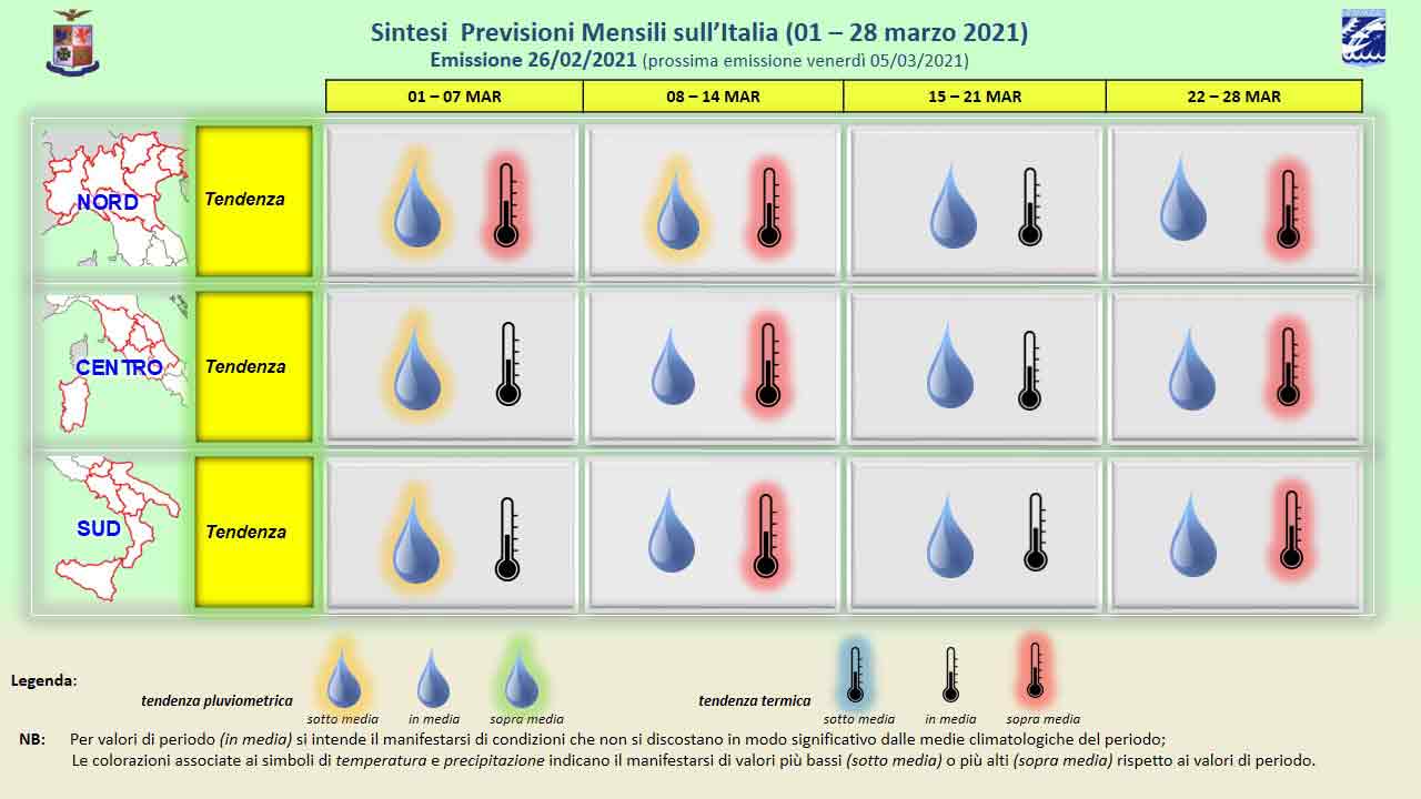 Le previsioni meteo dal 1° al 28 marzo 2021