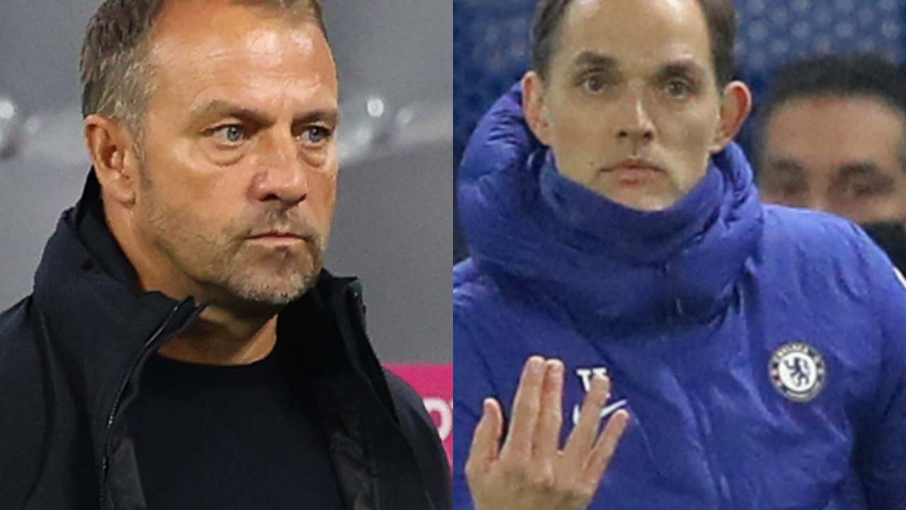 Da sinistra: l'allenatore del Bayern Monaco Hansi Flick (foto di Alexander Hassenstein/Bongarts/Getty Images)e il tecnico del Chelsea Thomas Tuchel (foto di Richard Heathcote/Getty Images)