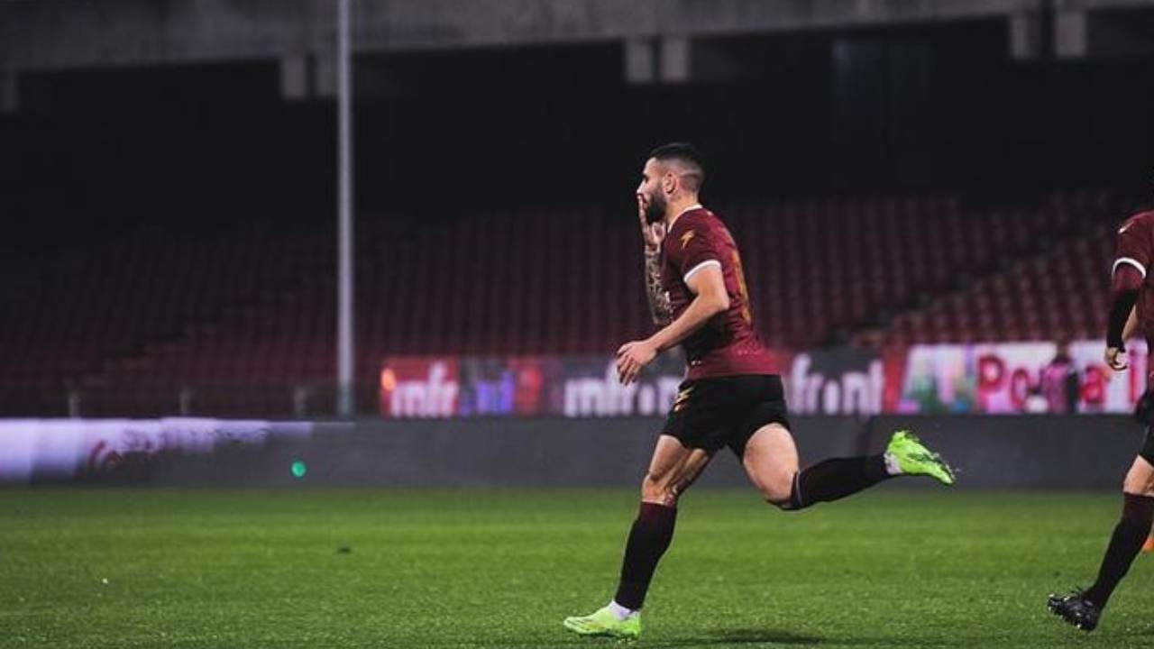 Salernitana, Gennaro Tutino durante la partita di Serie B con la Virtus Entella, 21 dicembre 2020 (foto Instagram @gennarotutino)