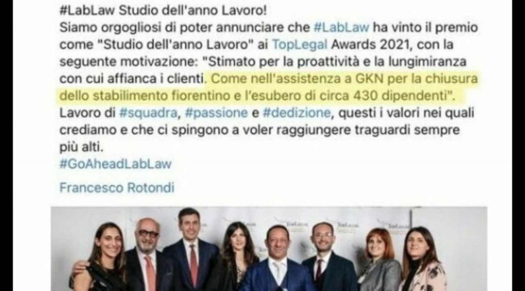 Premio ai legali dopo maxi licenziamenti in Gkn, lo studio “si vanta” sui social