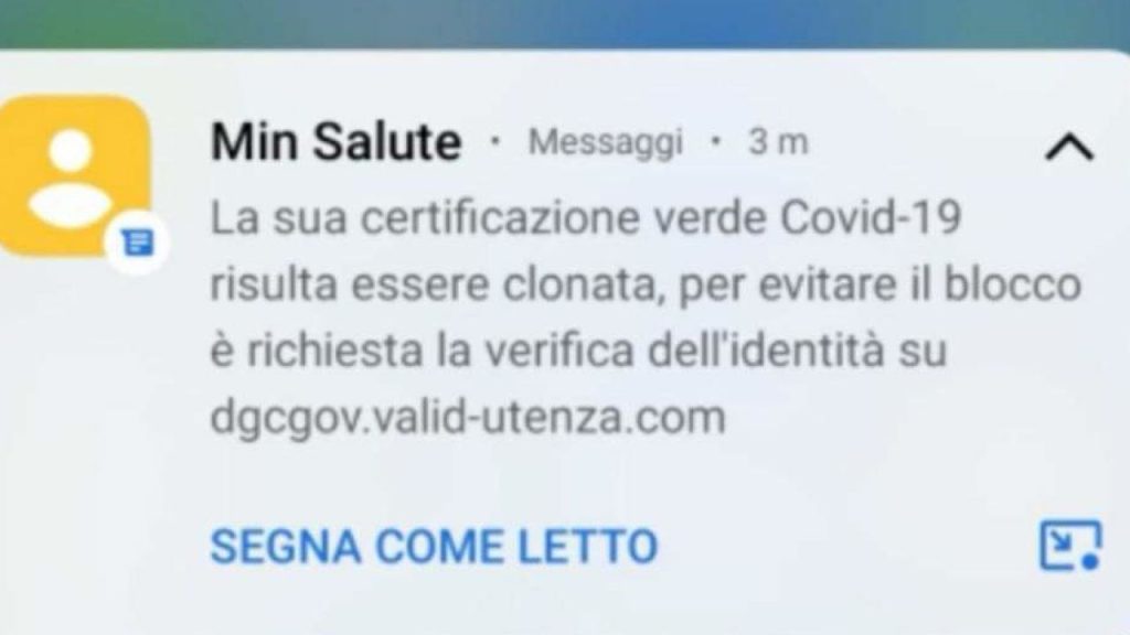“Il suo Green Pass è stato clonato”: attenzione, questo messaggio è falso