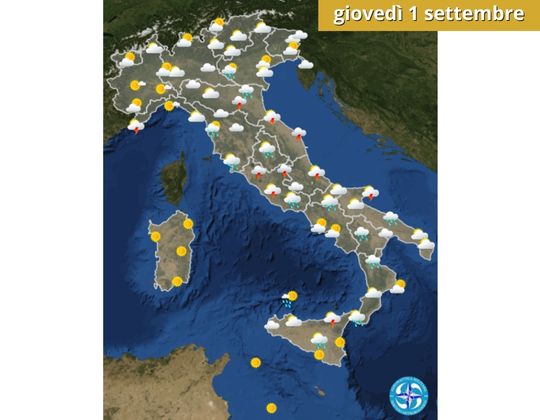 Meteo OGGI giovedì 1 settembre Piogge e temporali in buona parte d'Italia