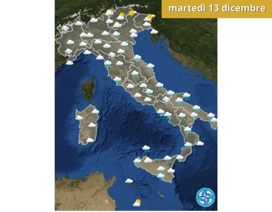 Meteo OGGI martedì 13 dicembre Pioggia, neve e aria gelida